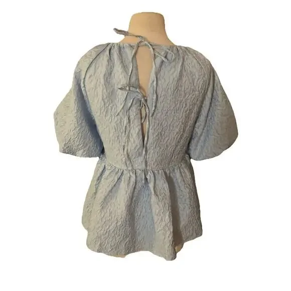 Tuckernuck Hyacinth House Julia Top Sz S Blue Puff Sleeve Jacquard Blouse Preppy - Picture 4 of 10